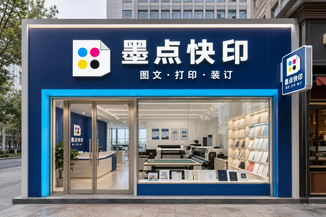 现代极简墨点快印店面设计效果图