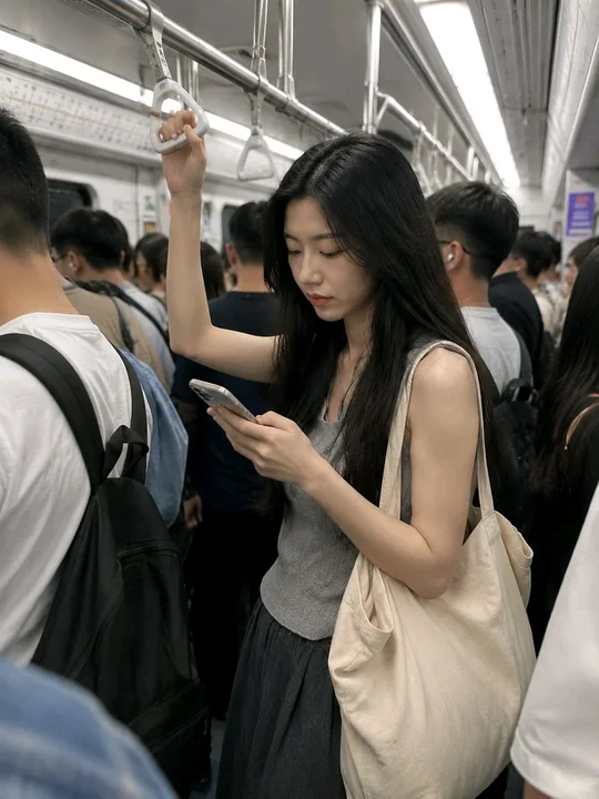 亚洲女性早高峰地铁通勤手机抓拍