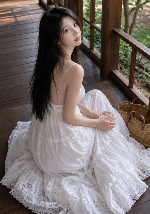 夏日木屋庭院写实白裙少女写真