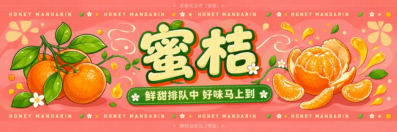 鲜甜蜜桔主题排队隔离栏横幅超宽矢量设计