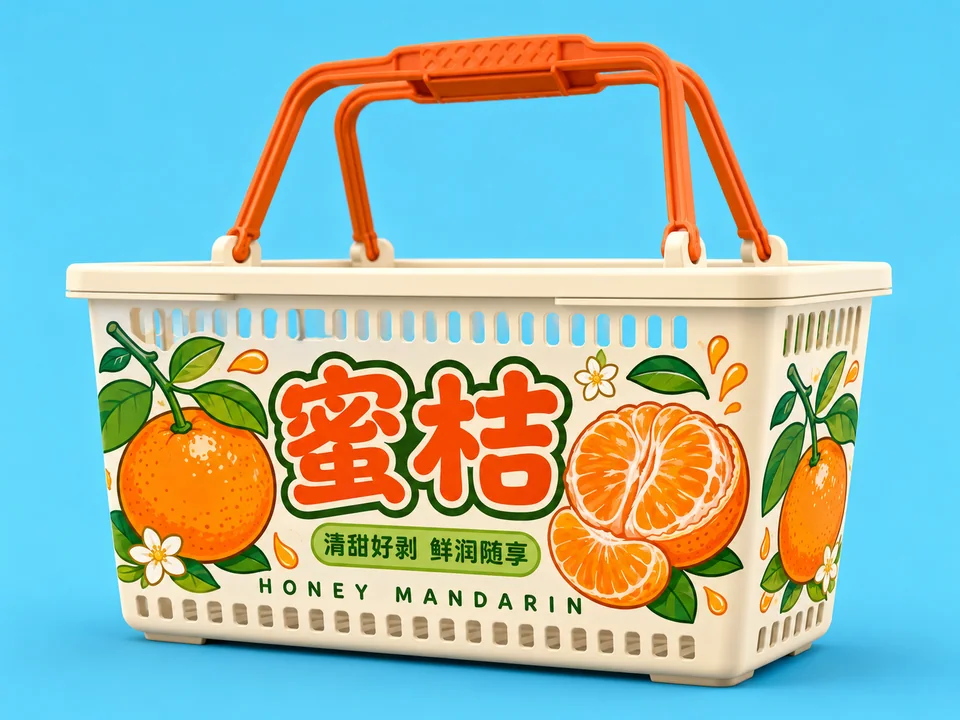 鲜甜多汁蜜桔主题购物篮矢量图案设计