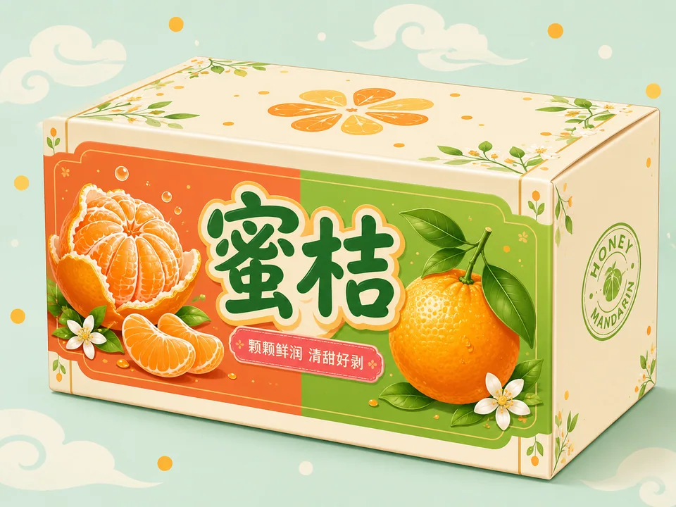 萌趣果香蜜桔礼盒Q版矢量包装设计