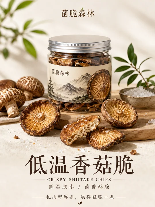 菌脆森林高端低温香菇脆商业摄影海报