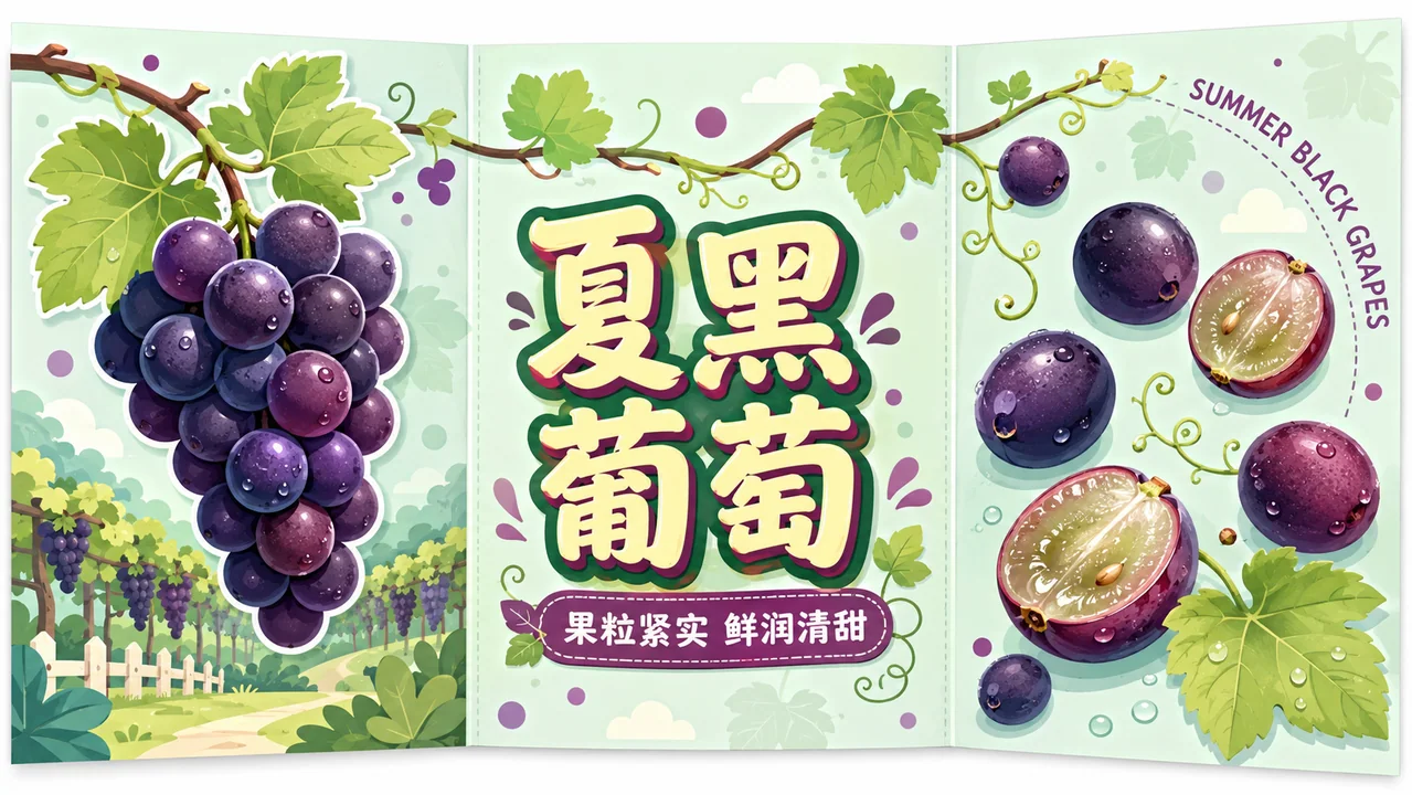 夏黑葡萄Q版矢量三折页画册设计