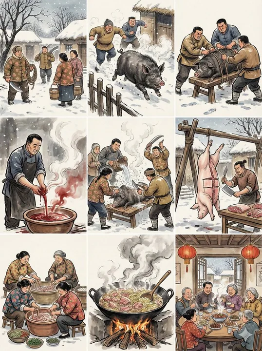 Neuf cases en aquarelle : l'abattage du porc de l'année