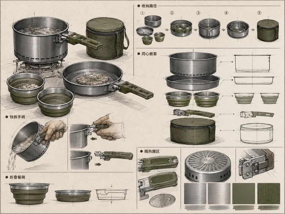 橄榄绿轻量化叠放露营锅具设计手稿