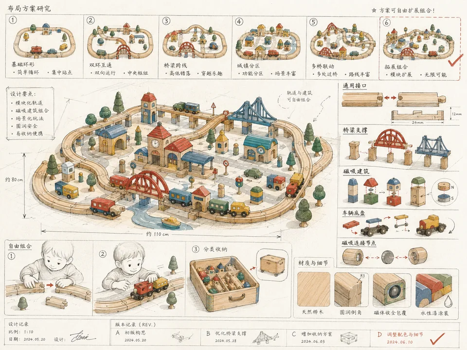创意玩具设计师木质轨道城市套装手稿