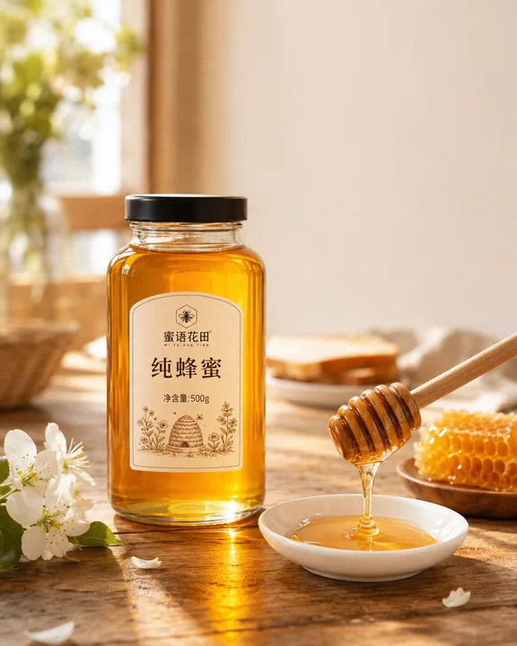 晨光木桌上的纯净蜂蜜商业摄影