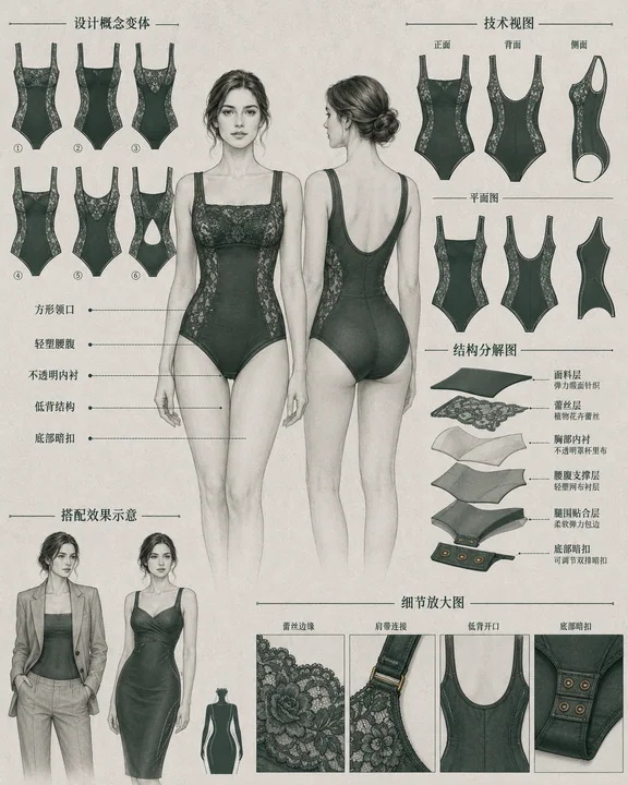 专业内衣设计师轻塑形蕾丝连体衣开发手稿