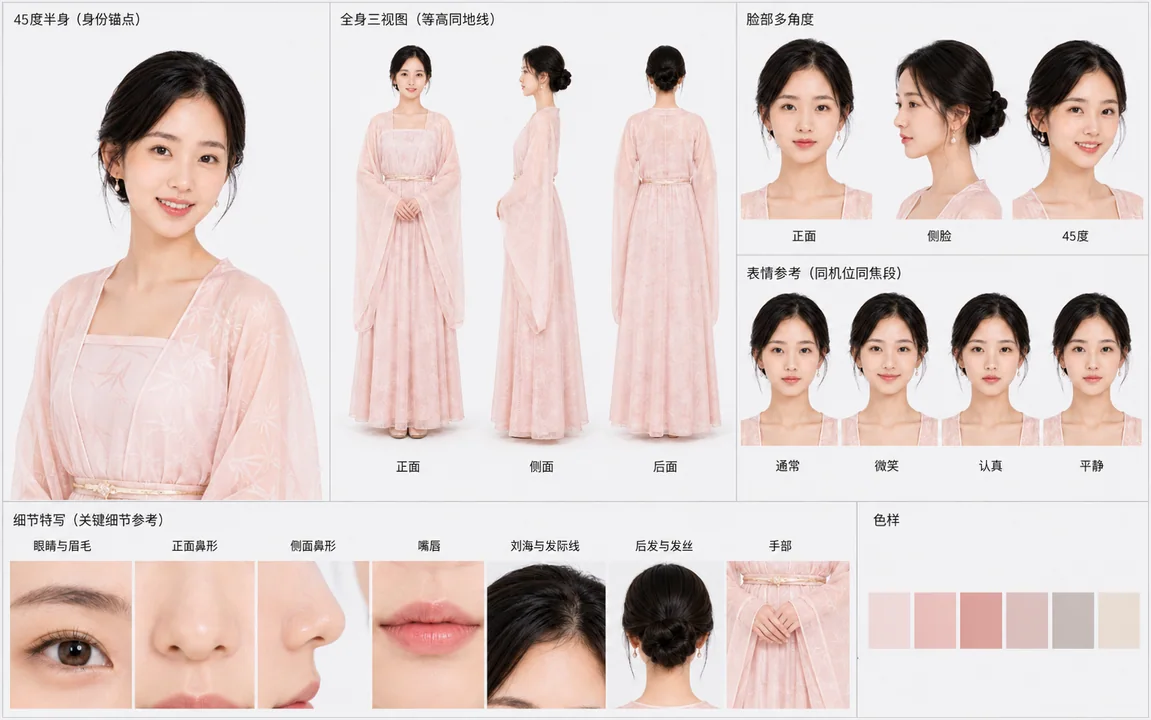 粉色竹纹汉服女子身份一致性角色设定图
