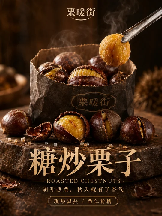 高级质感糖炒栗子秋季商业摄影海报