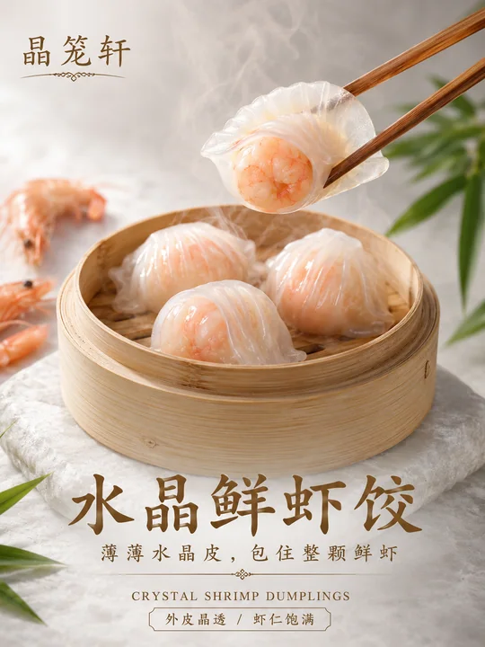 晶笼轩高级感水晶鲜虾饺商业海报设计