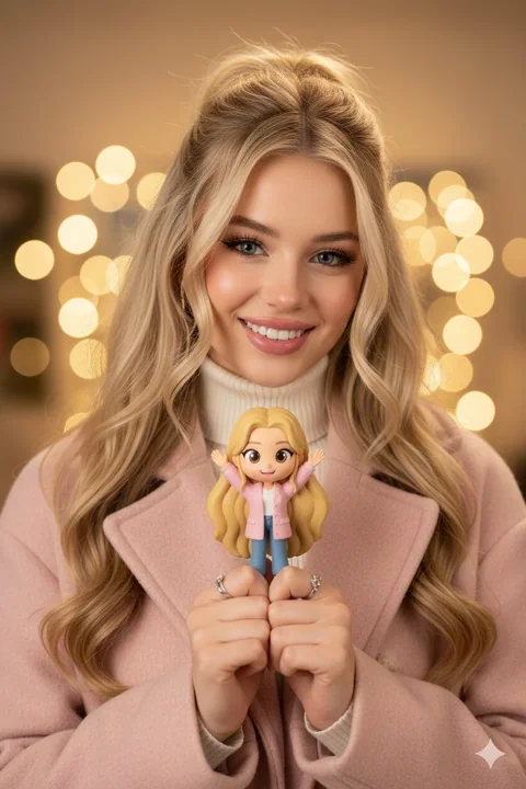 ピンクの服を着た少女がQバージョンのフィギュアを抱き、温かな笑みを浮かべている。