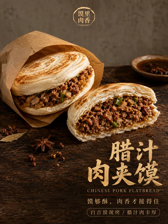 极简高级感腊汁肉夹馍商业美食海报