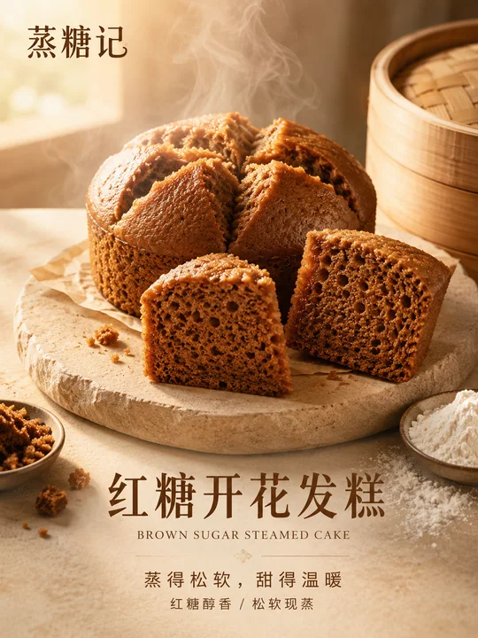 中式美学红糖发糕松软拉丝商业海报