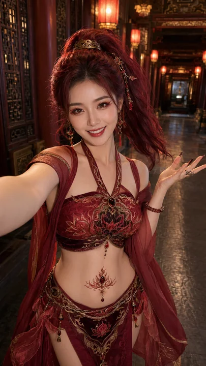 盛宴长廊下的赤莲灵姬:东方幻想自拍美学