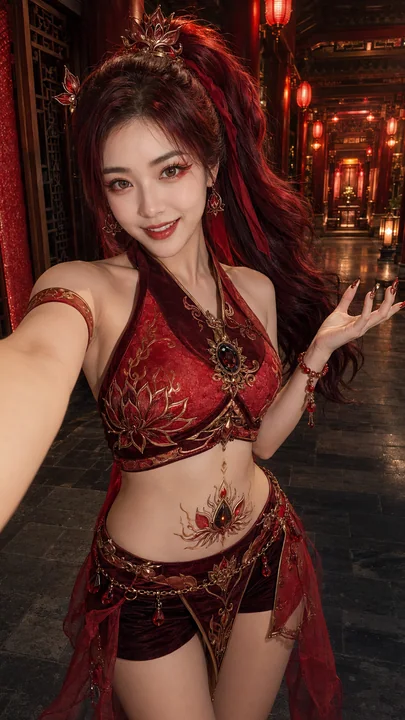 赤莲灵姬夜宴灯笼长廊中式幻想自拍