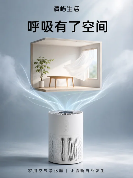 纯净呼吸美学：清屿生活空气净化器超现实海报