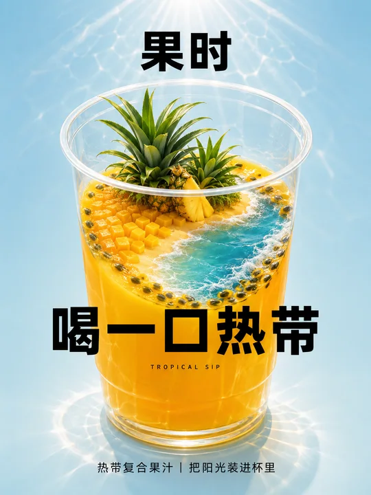 盛夏热带岛屿杯装果汁创意海报设计