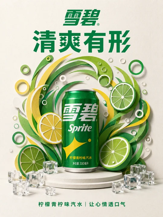 精致纸雕风格雪碧柠檬青柠创意海报