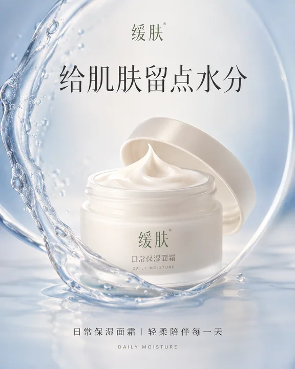 极简呼吸感：缓肤保湿面霜微距质感海报