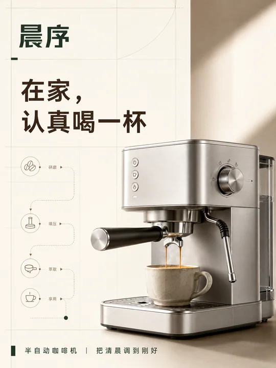 极简瑞士工业风晨序咖啡机新品海报