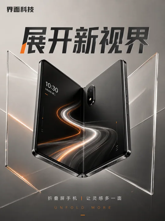 钛灰几何雕塑风折叠屏手机发布海报