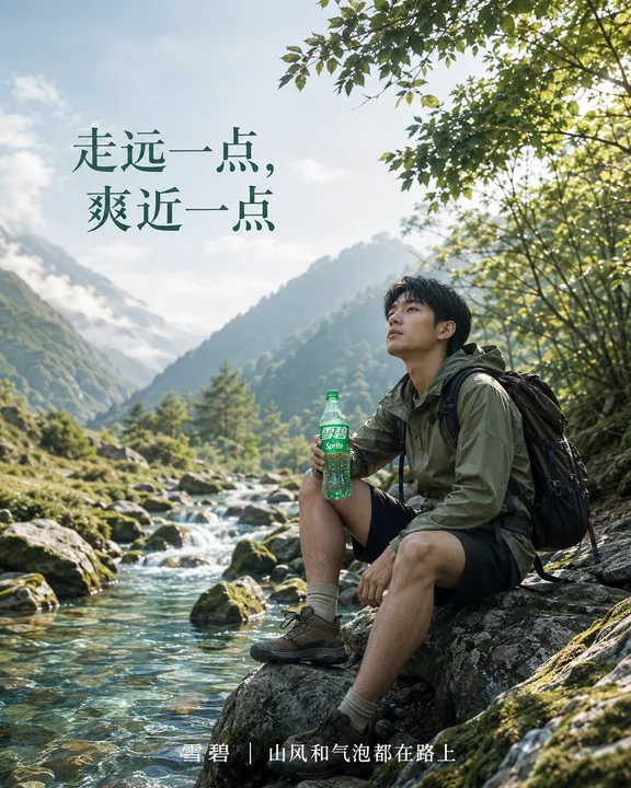 晨雾山谷雪碧徒步商业摄影海报