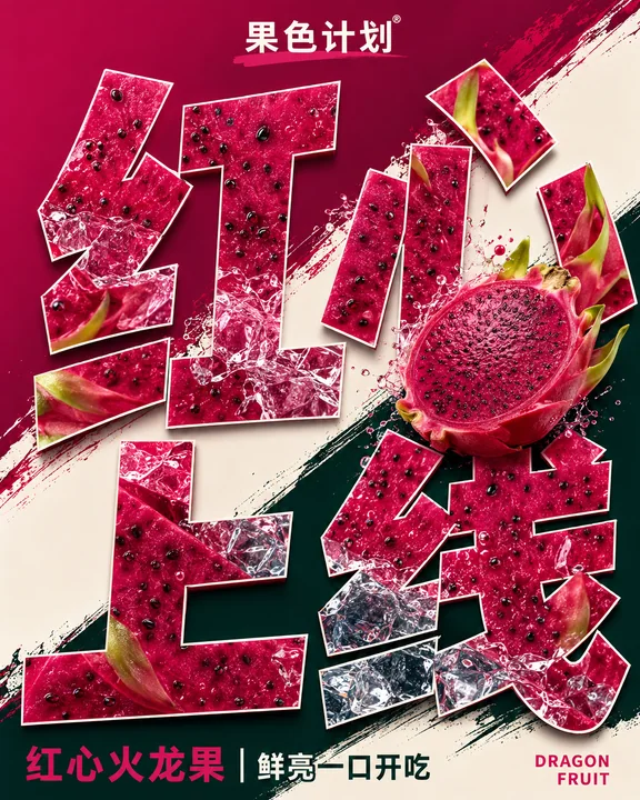 创意红心火龙果字体设计社交海报