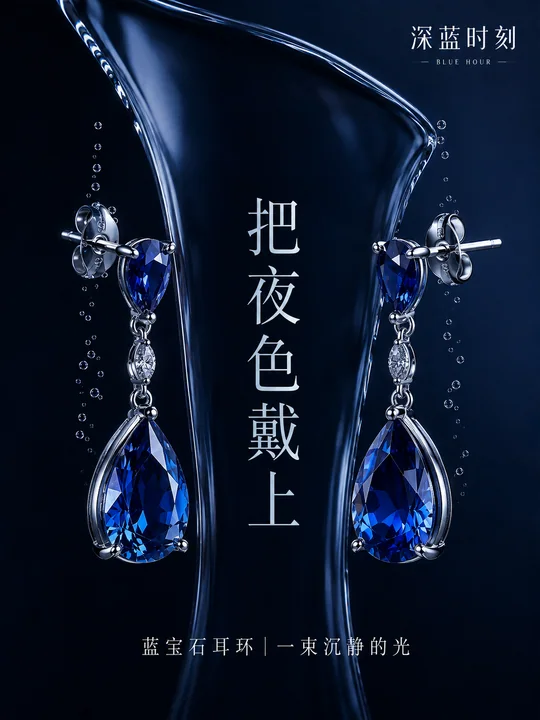 深蓝时刻：微距水膜下的蓝宝石耳环美学