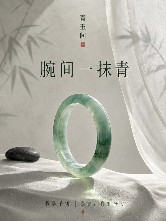 极简新中式青绿翡翠手镯商业海报
