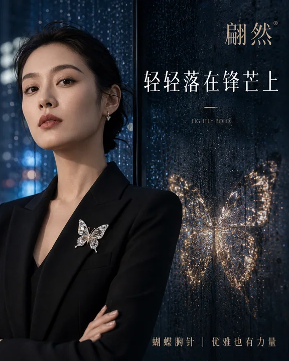轻轻落在锋芒上:雨夜霓虹蝴蝶胸针商业大片