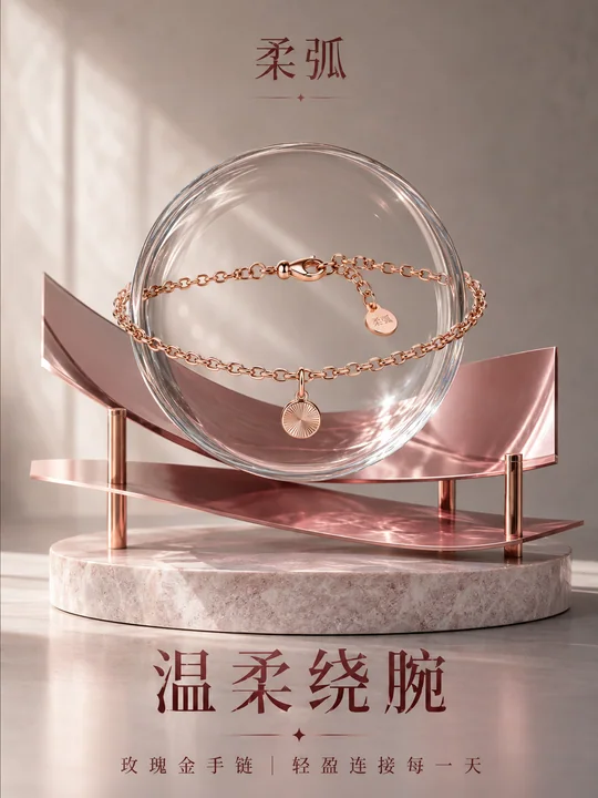 柔弧玫瑰金手链:现代艺术装置商业大片
