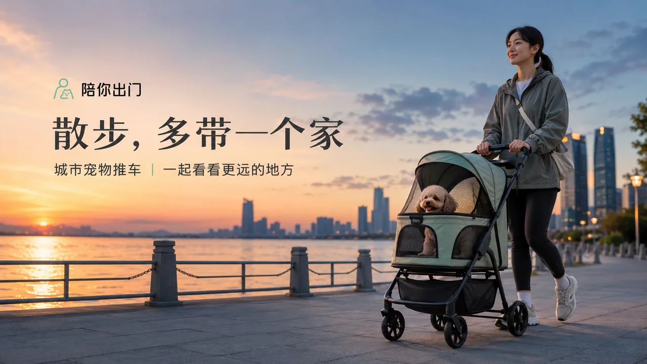 夕阳下城市水岸宠物推车商业海报