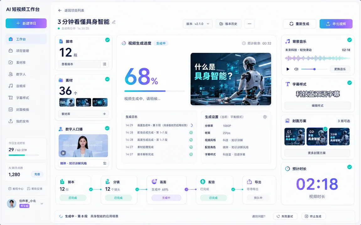 具身智能AI短视频创作工作台Bento设计