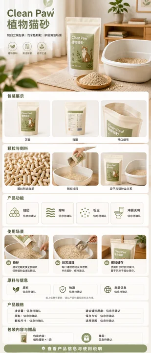 极简风Clean Paw植物猫砂详情页设计