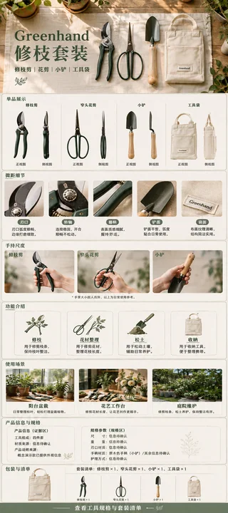森系美学Greenhand园艺工具套装电商长图详情页