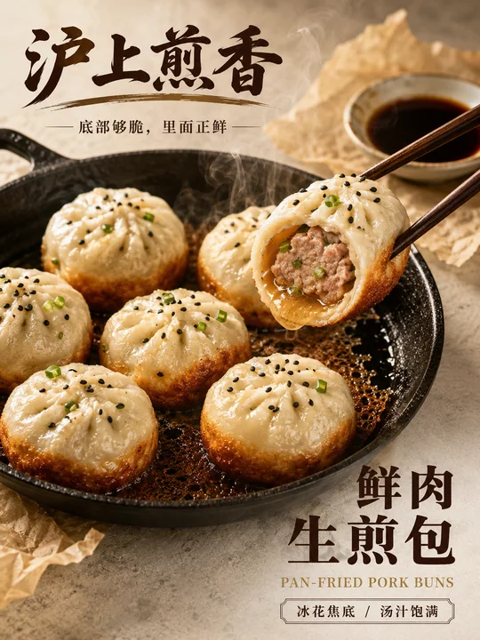 沪上煎香:金黄焦底鲜肉生煎包商业海报