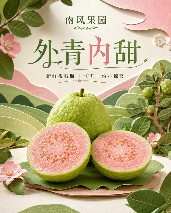 清新纸雕风粉心番石榴创意海报