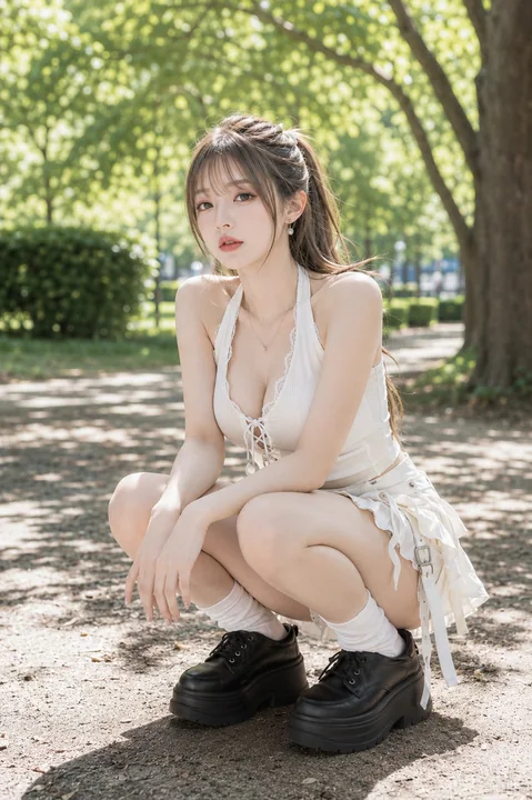 树荫下深蹲的白衣少女与黑厚底鞋