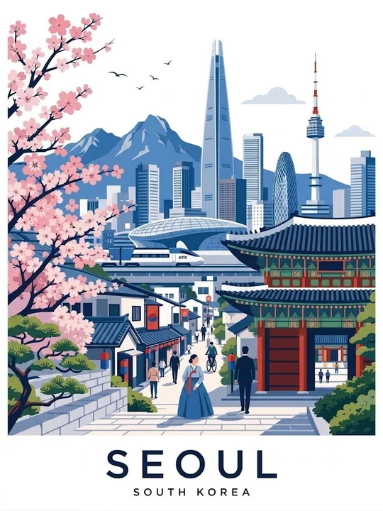 复古扁平矢量城市旅游海报插画