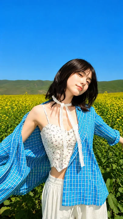 东亚女性油菜花田超写实时尚摄影