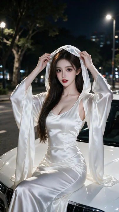 白缎裙东亚美女与白色豪车夜景