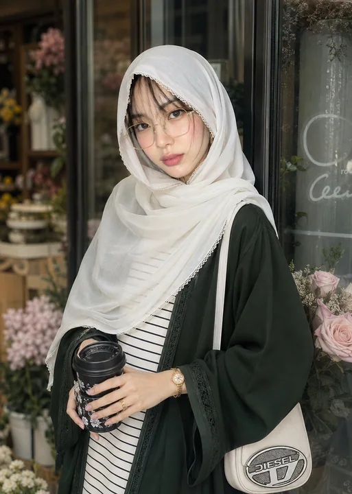 戴金边眼镜与白色头巾的优雅女性人像