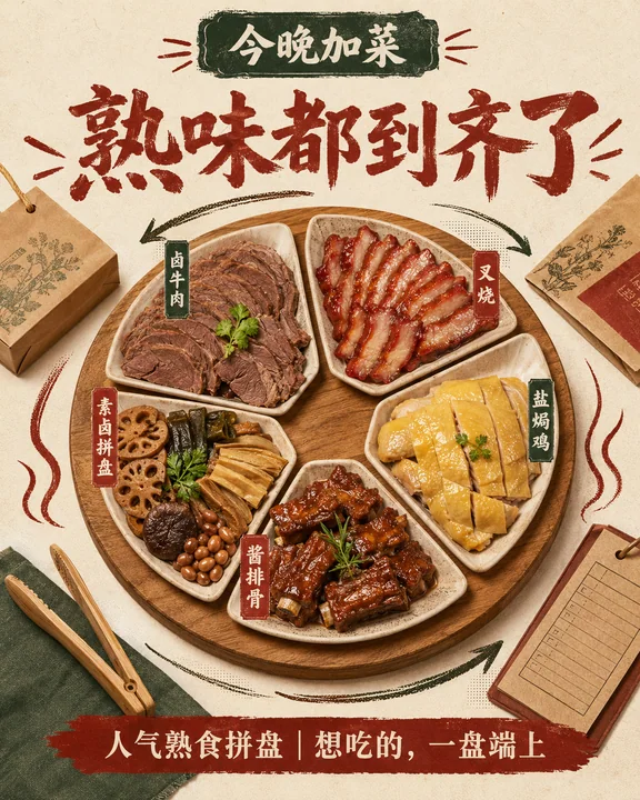 创意熟食拼盘海报：今晚加菜系列之熟味集结