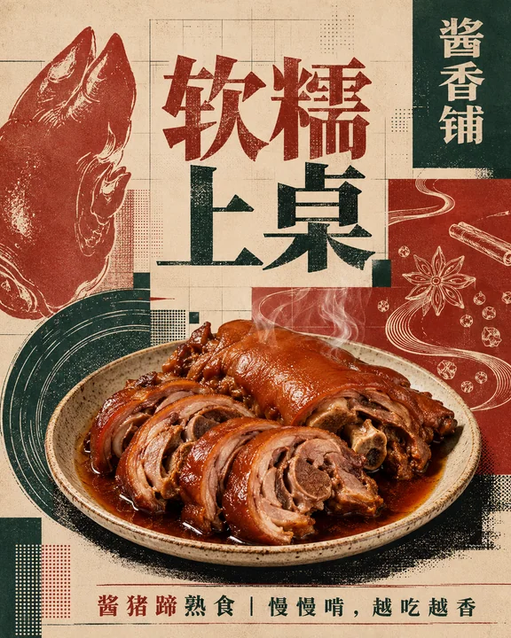 现代复古丝网印酱猪蹄美食海报