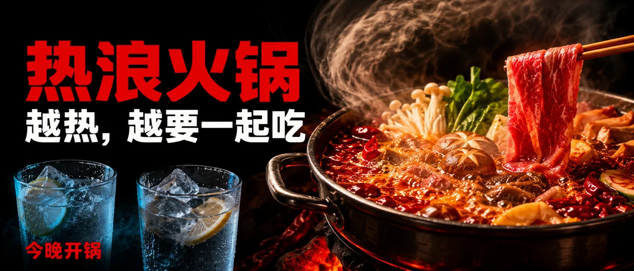 热浪火锅巨幕海报:红汤翻滚与冰爽冷饮的视觉盛宴