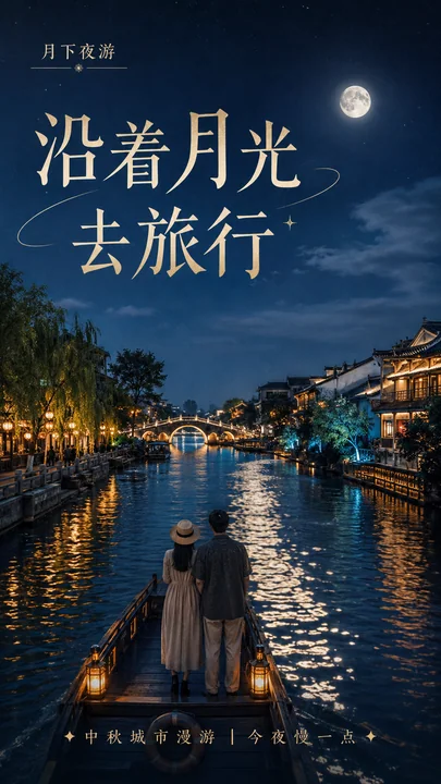 蓝调中秋水乡漫游电影感叙事海报