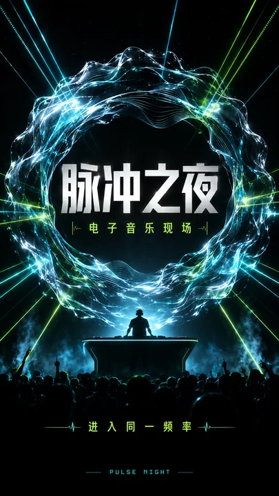 脉冲之夜:未来主义液态声波电音海报