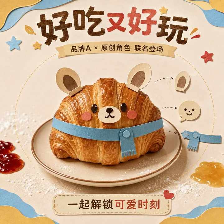 酥脆可颂变身激萌纸偶联名创意海报